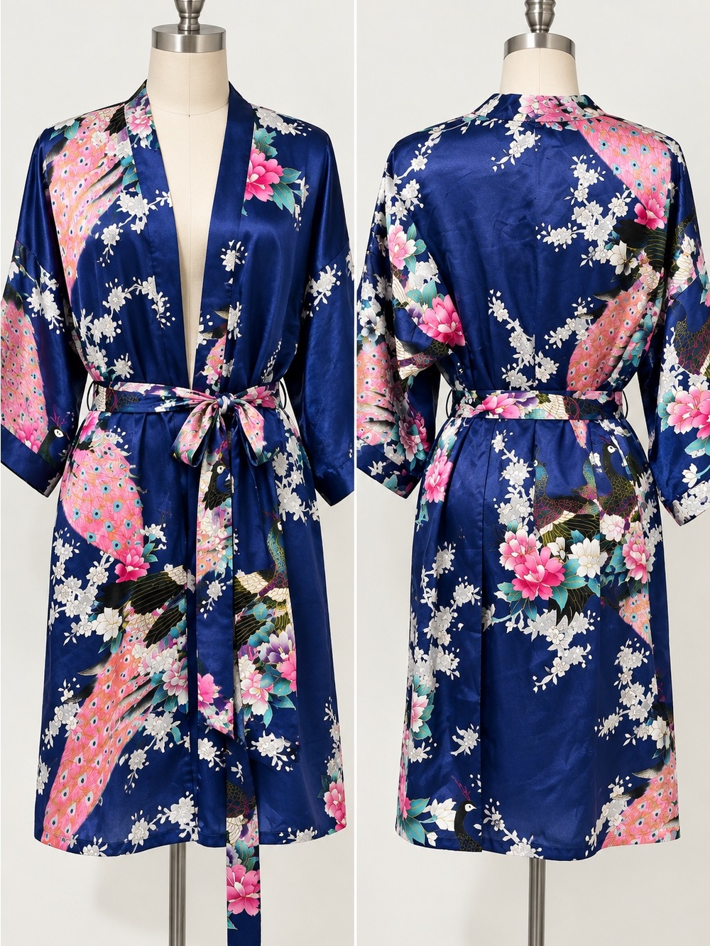 Navy Peacock Floral Satin Kimono Robe One Size Bridal Bridesmaid